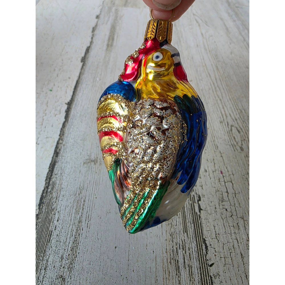 Vintage lauscha Germany‎ rooster parrot bird glass glitter ornament gold rainbow